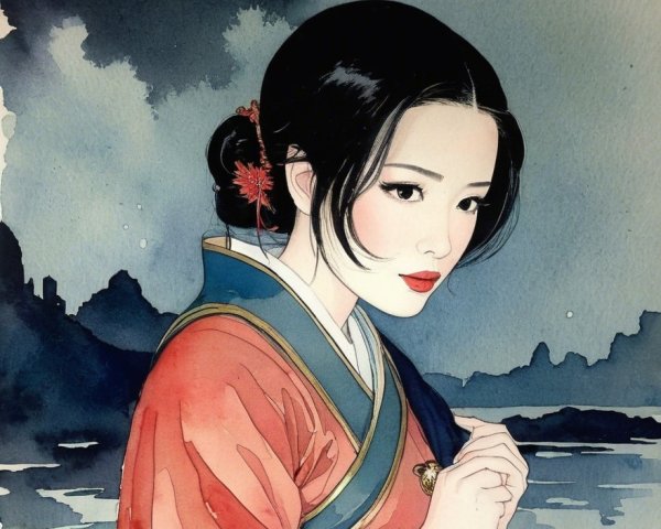 Serene Woman in Traditional Attire with Watercolor Background
