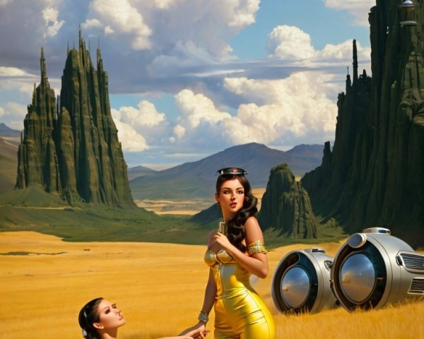 Futuristic Landscape with Women and Flying Vehicles