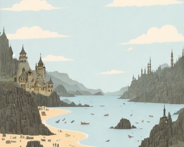 Coastal Landscape with Cliffs and Castles Illustration