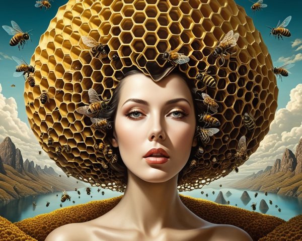 Woman with Bees in Hairpiece Against Scenic Background