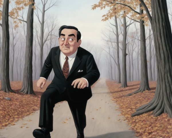 Cartoonish Man in Suit Running on Leaf-Strewn Path