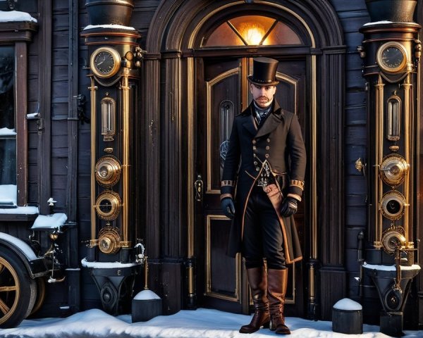 Middle-aged Man in Steampunk Outfit by House Door