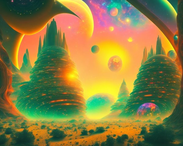 Surreal Alien Landscape with Vibrant Colors and Mountains