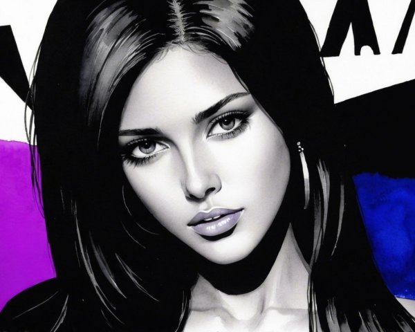 Black and White Illustration of Young Woman with Hair