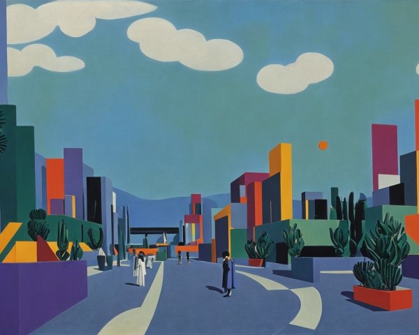 Vibrant Cityscape with Geometric Buildings and Greenery