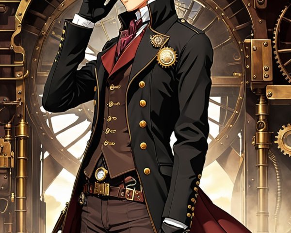 Steampunk Character in Industrial Gear Backdrop