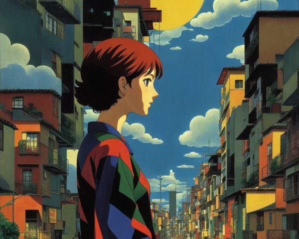 Young Woman on Balcony Overlooking Vibrant Cityscape