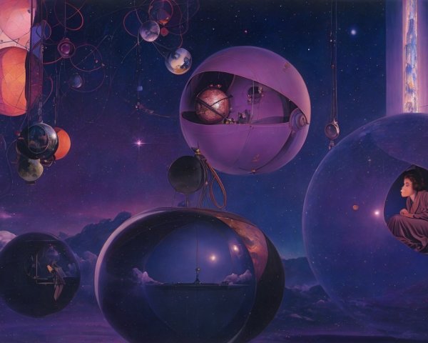 Surreal Cosmic Scene with Floating Spheres and Worlds