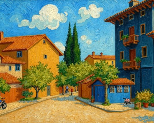 Vibrant street scene with colorful houses and greenery