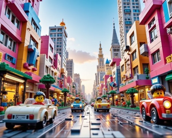 Vibrant Lego City Street with Colorful Buildings and Cars