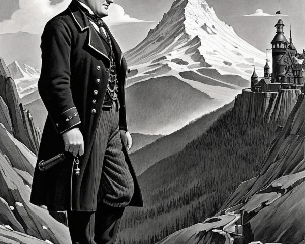 Dapper Gentleman on Rocky Precipice with Castle Background