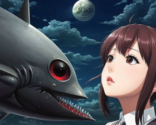 Young girl and menacing fish-like creature under moonlight