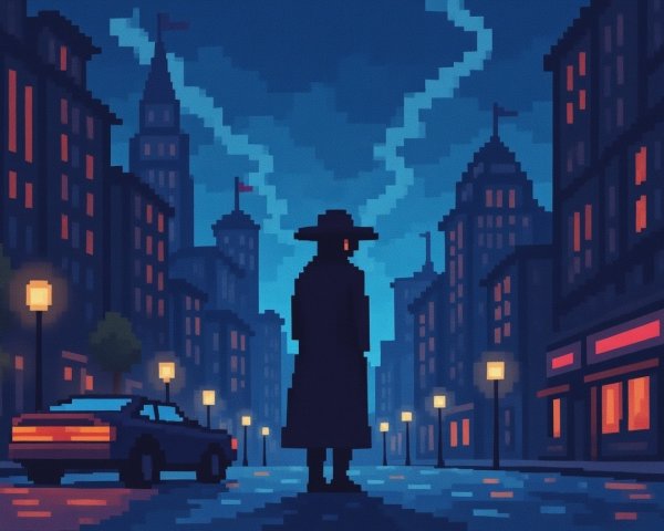 Pixel Art Scene of a Shadowy Figure in Urban Rain