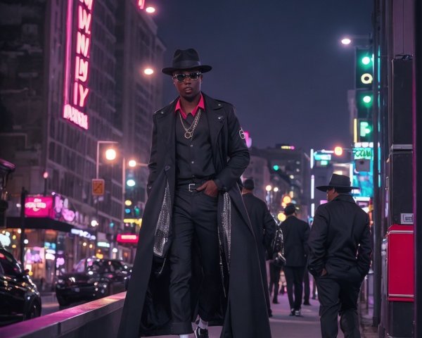 Stylish Figure in Vibrant City Street at Night