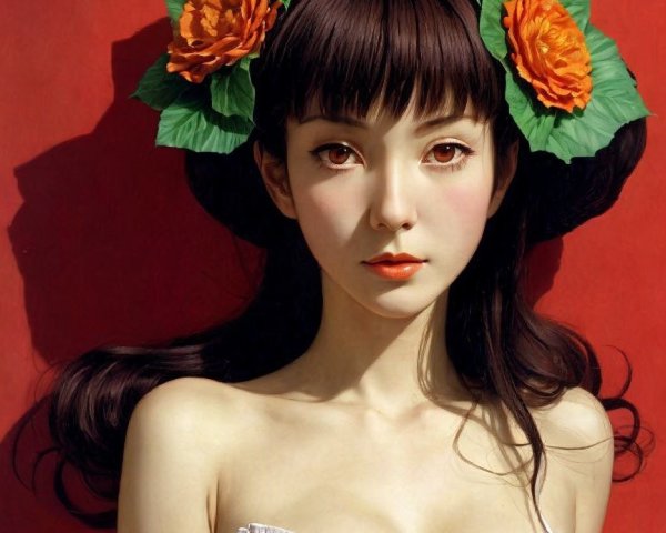 Young Woman with Floral Crown Against Red Backdrop