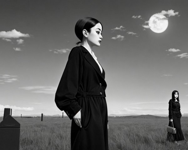 Black-and-white landscape featuring two figures under moon