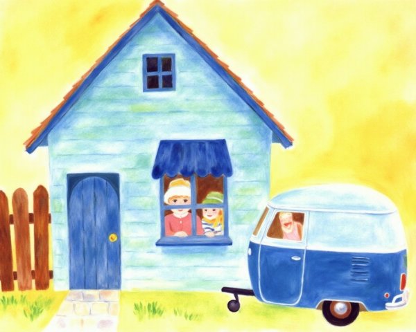 Watercolor Painting of a Light Blue House with Awning