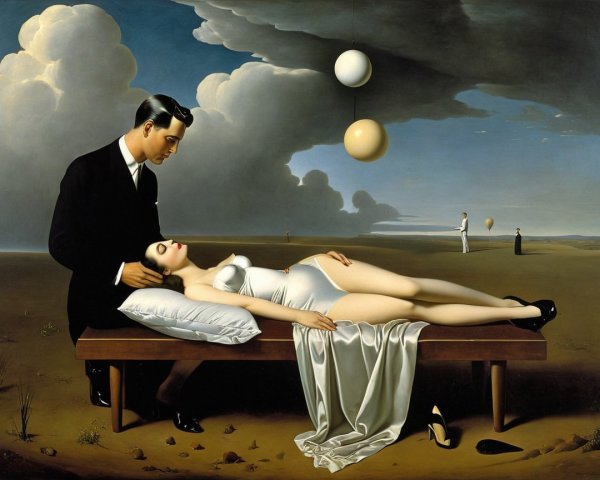 Dreamlike Painting of a Man and Woman in Surreal Setting