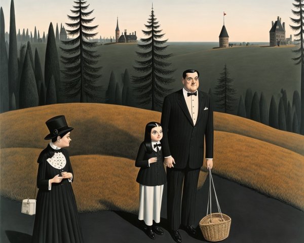 Surreal Landscape with Formal Figures and Eerie Ambiance