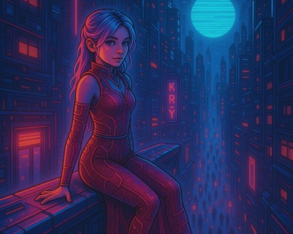 Cyberpunk Cityscape with Young Woman in Futuristic Outfit