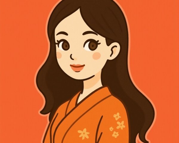 Cheerful young woman in bright orange kimono illustration