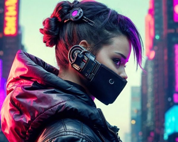 Futuristic Cyberpunk Scene with Stylish Young Woman
