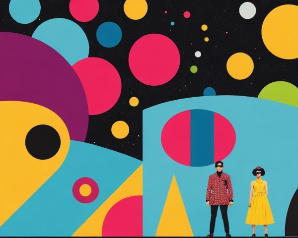 Figures in Vibrant Abstract Setting with Bold Colors