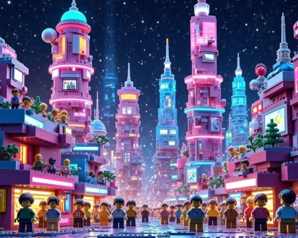 Futuristic LEGO cityscape under a starry night sky