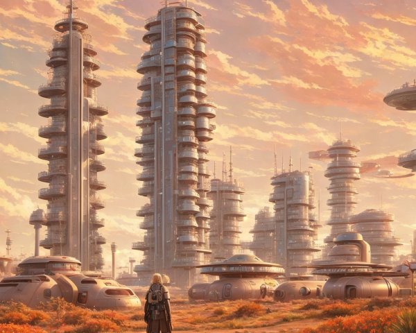 Futuristic skyline with skyscrapers and vibrant sunset