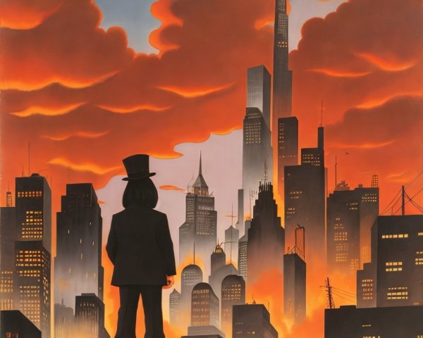 Silhouetted Figure Overlooks Stylized Cityscape at Dusk