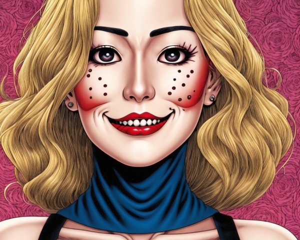 Cartoonish Woman with Playful Smile and Floral Background