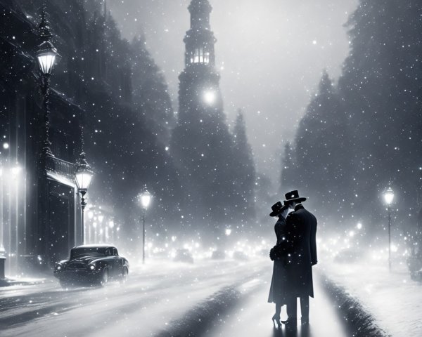 Romantic Winter Scene with Snowy Embrace and Tower