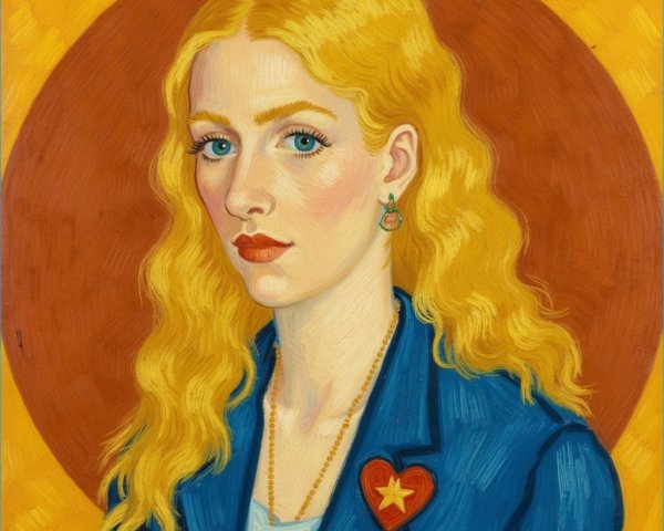 Portrait of a Woman in Blue Blazer with Heart Symbol
