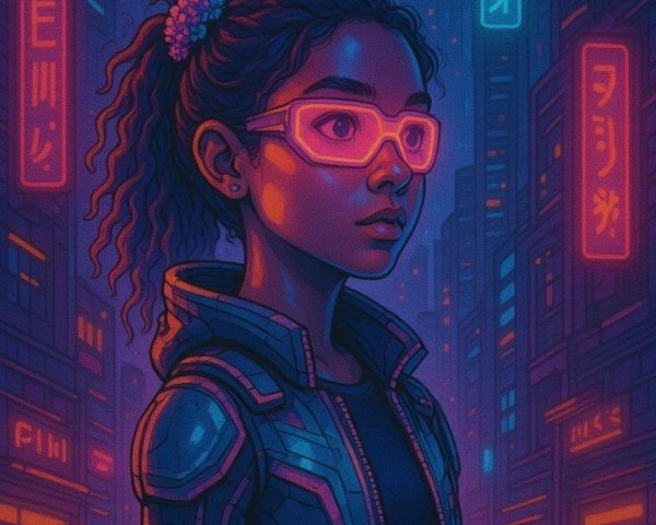 Futuristic cityscape with glowing neon lights and figures