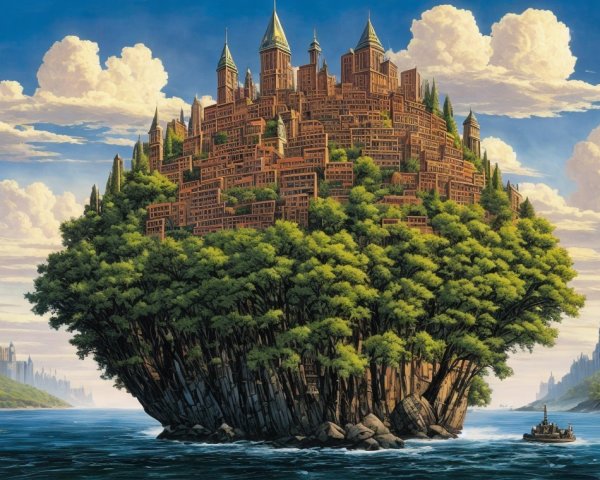 Vibrant Floating Island with Medieval City and Nature