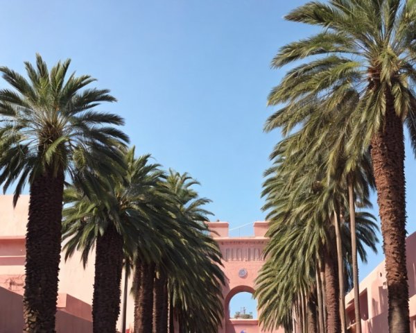 Sunlit Pathway with Palm Trees and Grand Archway
