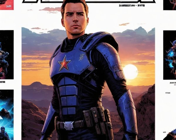 Heroic Figure in Futuristic Suit Against Sunset Background