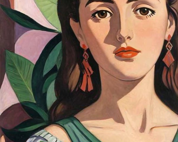 Young Woman in Leaf-Patterned Top Surrounded by Foliage