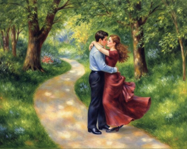 Couple Embraces in a Sunlit Forest Setting
