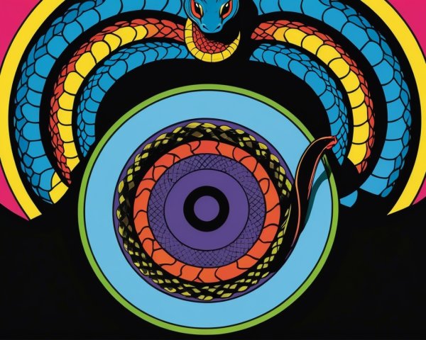Stylized Snake Design with Vibrant Circular Pattern