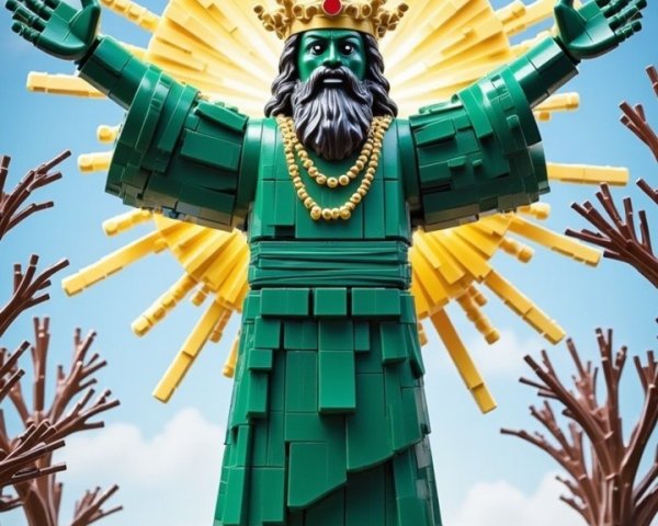 Green Deity Statue with Lego Figures and Blue Sky