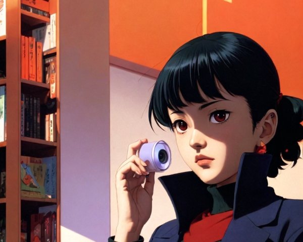 Young Woman with Camera in Cozy Bookstore Setting