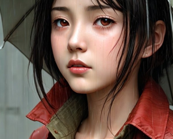 Young woman in rain with umbrella and stylish outfit