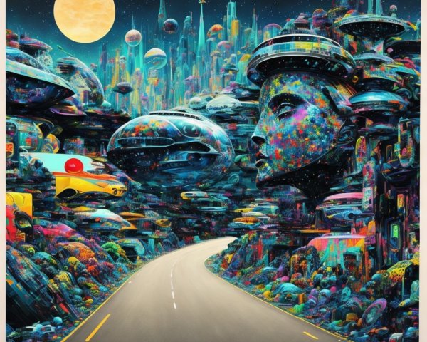 Surreal Landscape with Futuristic City and Night Sky