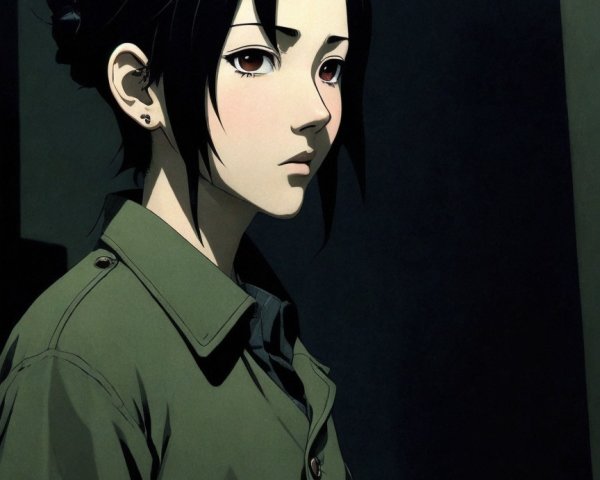 Melancholic Woman in Green Raincoat Illustration