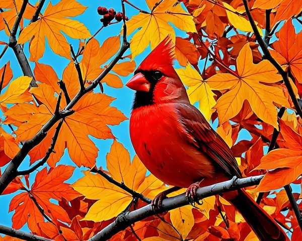 Cardinal on Branch with Autumn Leaves and Blue Sky
