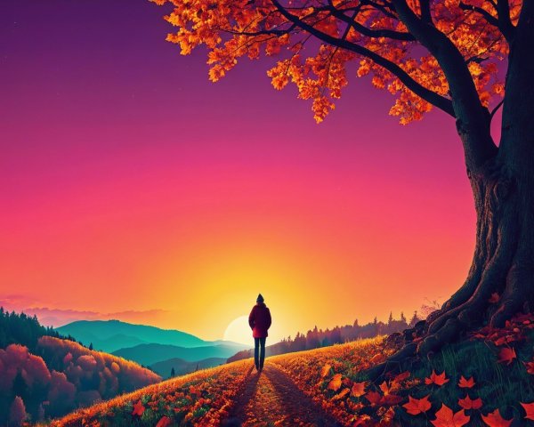 Silhouette on Winding Path at Vibrant Sunset