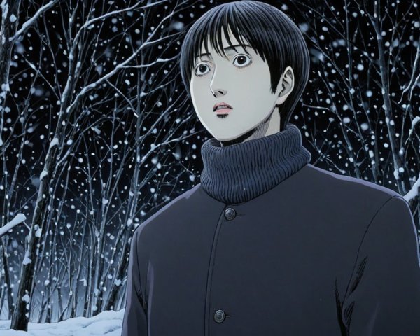 Young man in snowy forest with bare trees at night