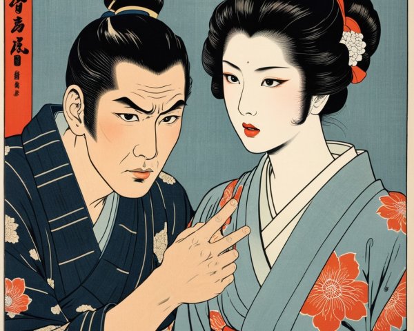 Traditional Japanese Ukiyo-e Print with Kimono Figures