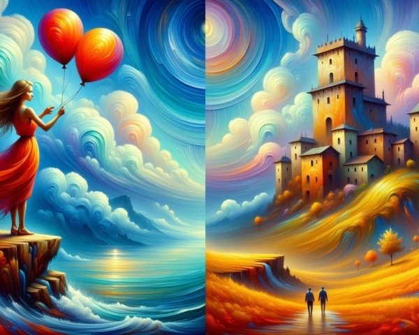 Vibrant Split Scene with Woman, Balloons, and Landscapes
